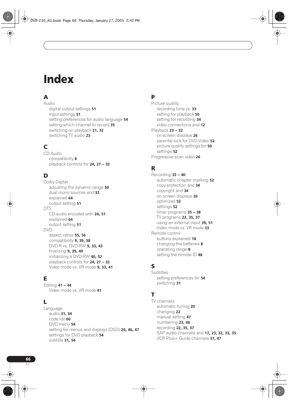 Index | Pioneer DVR-233-S User Manual | Page 66 / 68