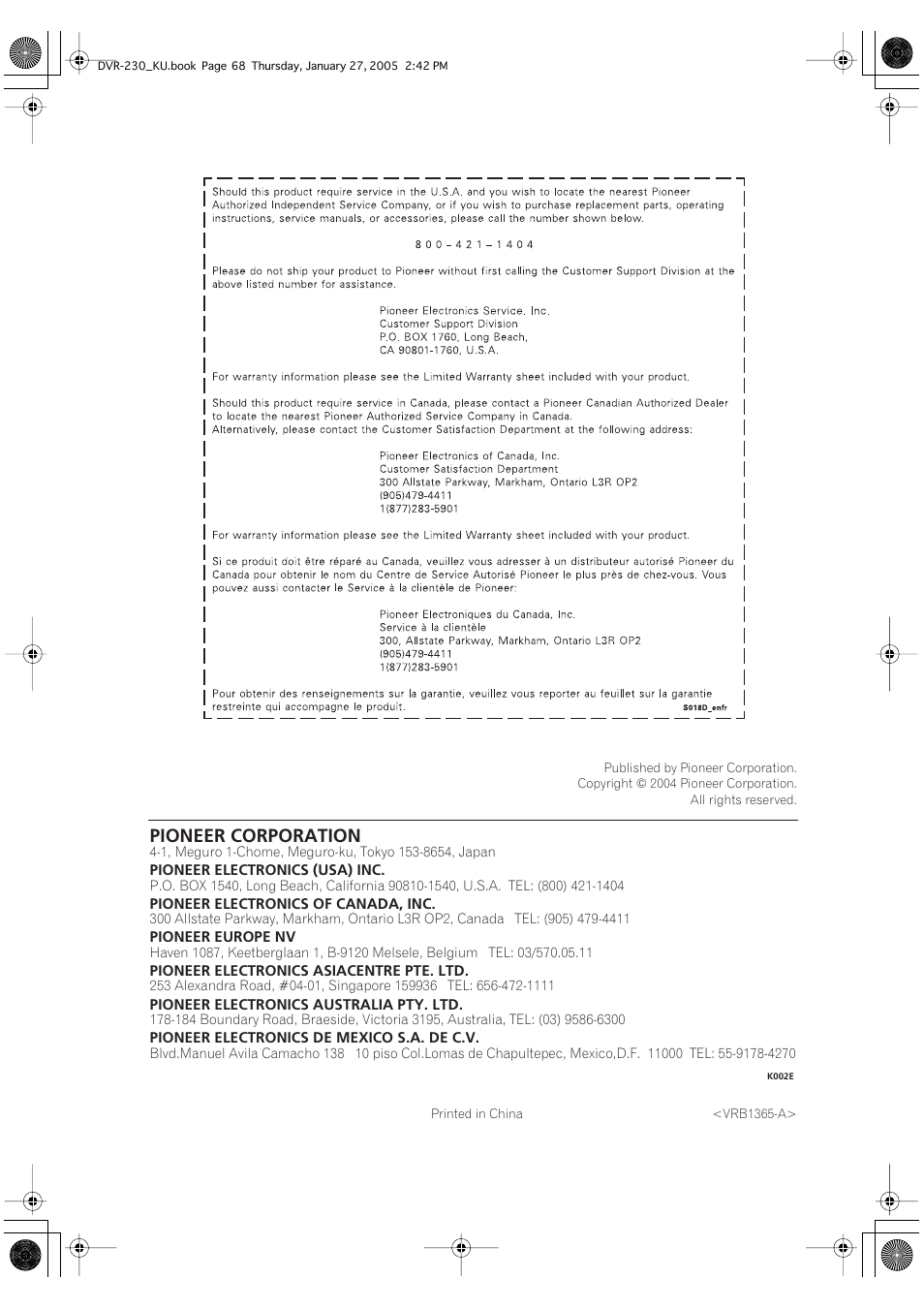 Pioneer corporation | Pioneer DVR-233-S User Manual | Page 68 / 68