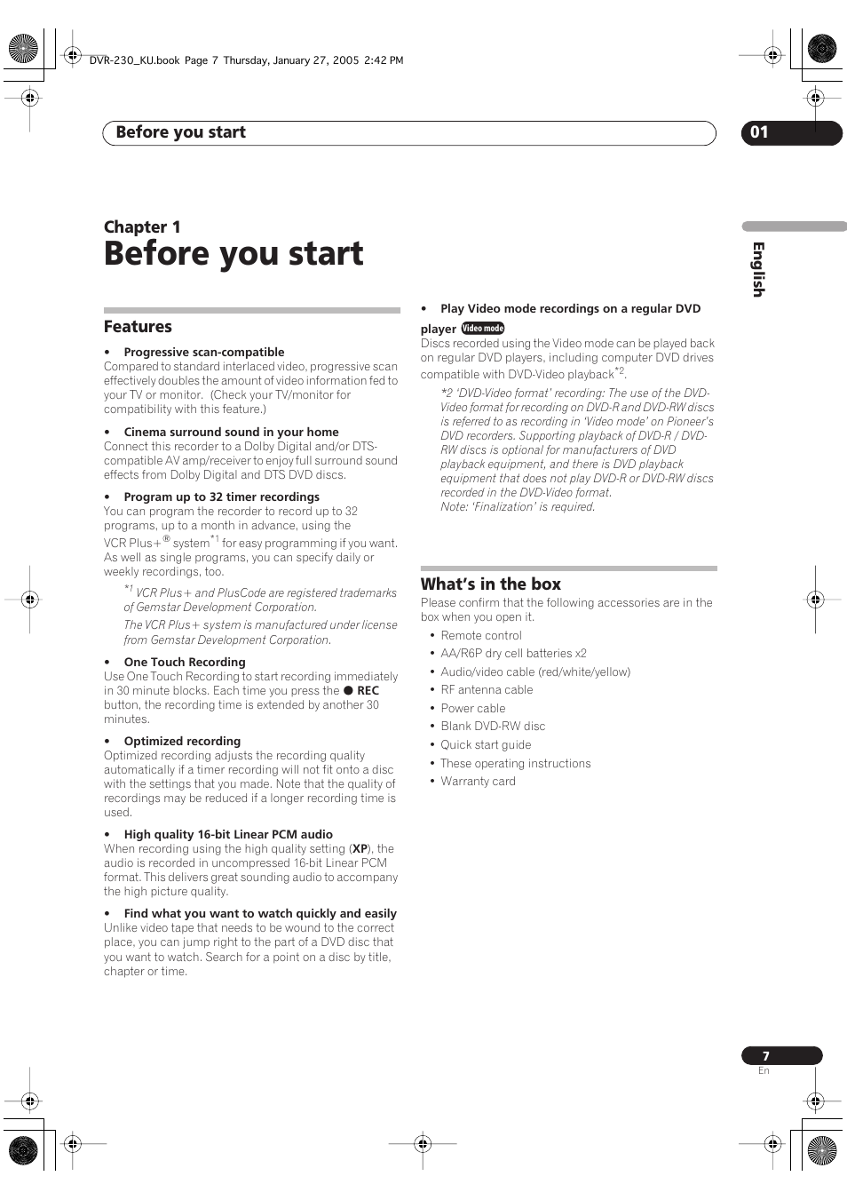 01 before you start, Features, What’s in the box | Before you start, Before you start 01, Chapter 1 | Pioneer DVR-233-S User Manual | Page 7 / 68