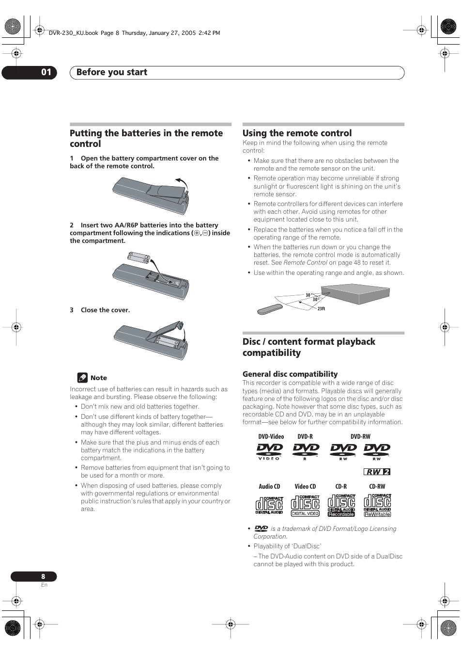 Putting the batteries in the remote control, Using the remote control, Disc / content format playback compatibility | Before you start 01 | Pioneer DVR-233-S User Manual | Page 8 / 68