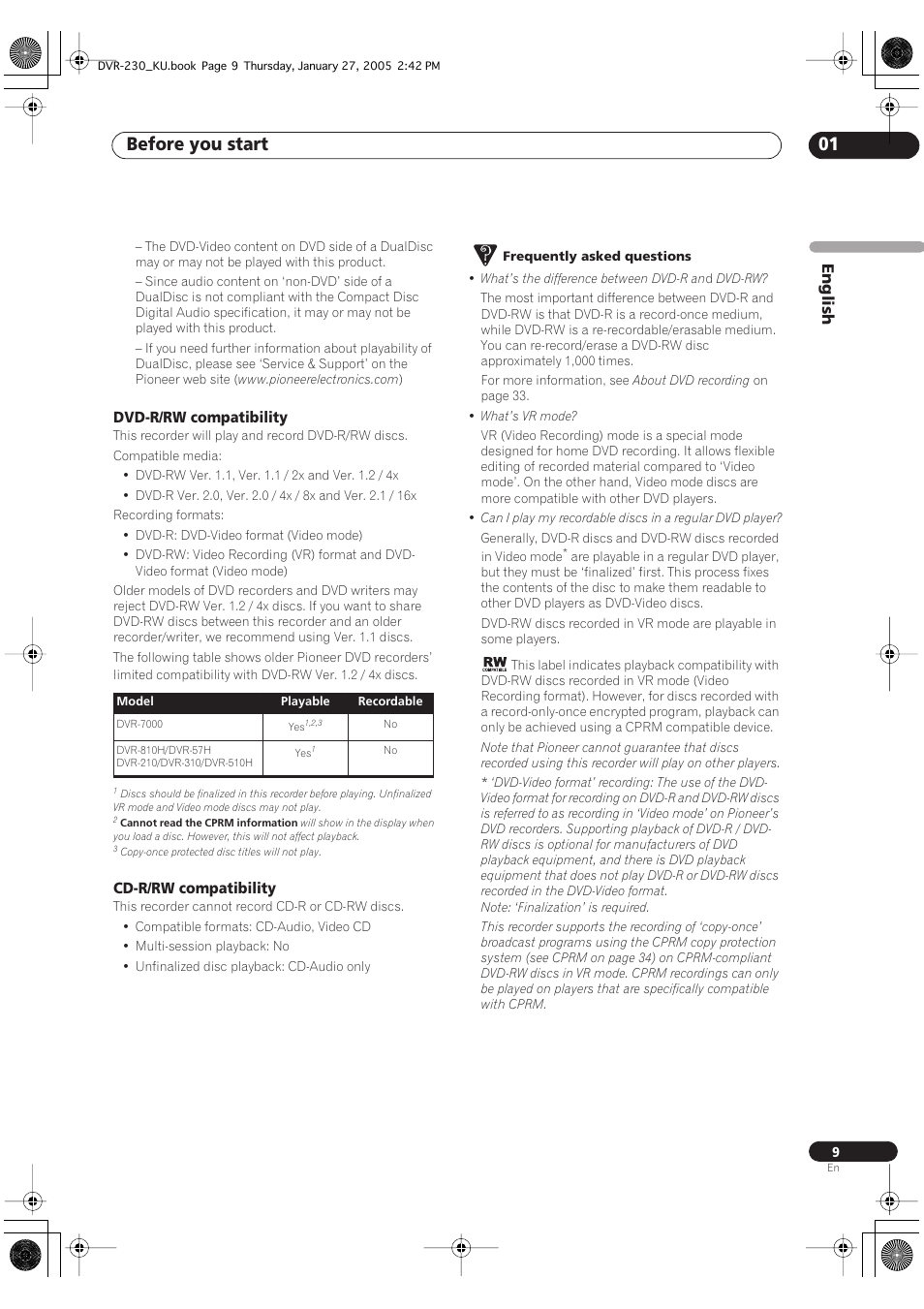 Before you start 01, English, Dvd-r/rw compatibility | Cd-r/rw compatibility | Pioneer DVR-233-S User Manual | Page 9 / 68