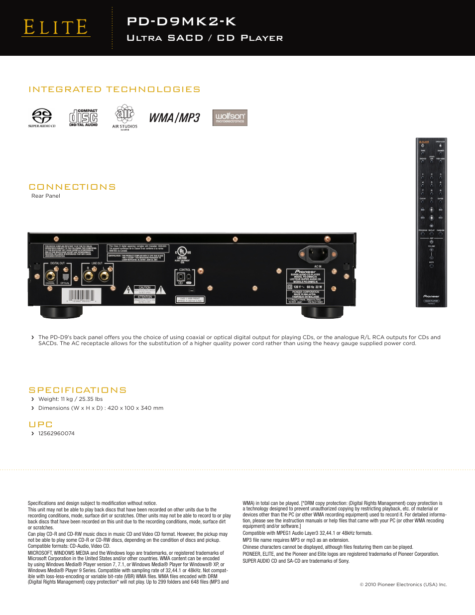 Dv-58av pd-d9mk2-k, Ultra sacd / cd player, Integrated technologies connections | Specifications | Pioneer Elite PD-D9MK2-K User Manual | Page 2 / 2