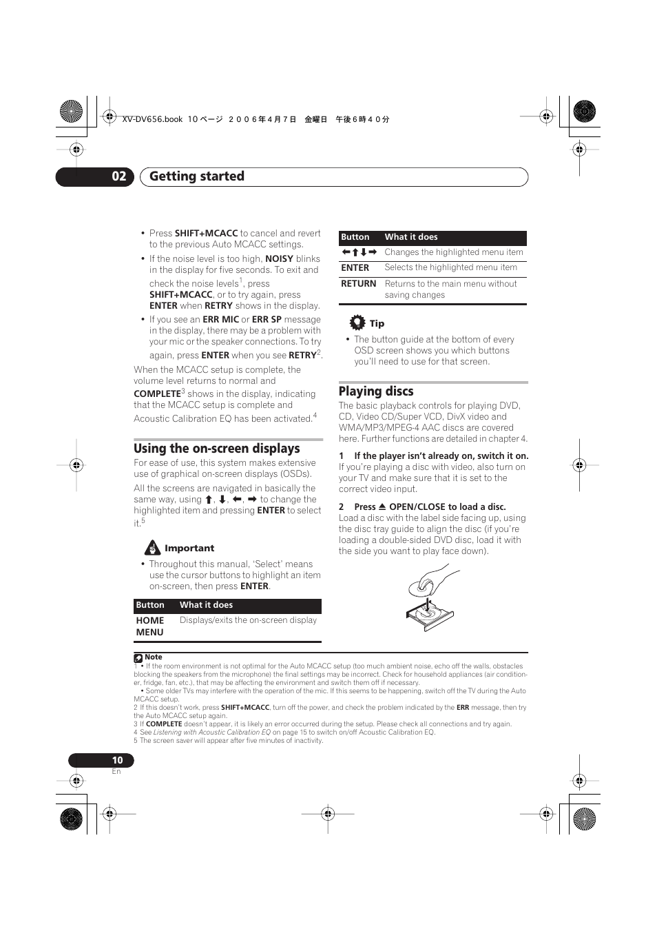 Using the on-screen displays, Playing discs, Getting started 02 | Pioneer HTZ656DVD User Manual | Page 10 / 98