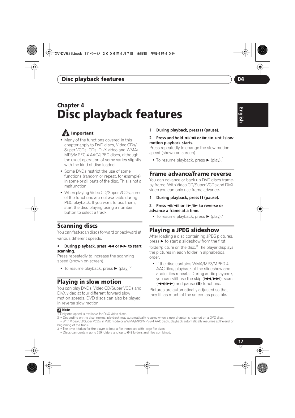 04 disc playback features, Scanning discs, Playing in slow motion | Frame advance/frame reverse, Playing a jpeg slideshow, Disc playback features, Disc playback features 04, Chapter 4 | Pioneer HTZ656DVD User Manual | Page 17 / 98