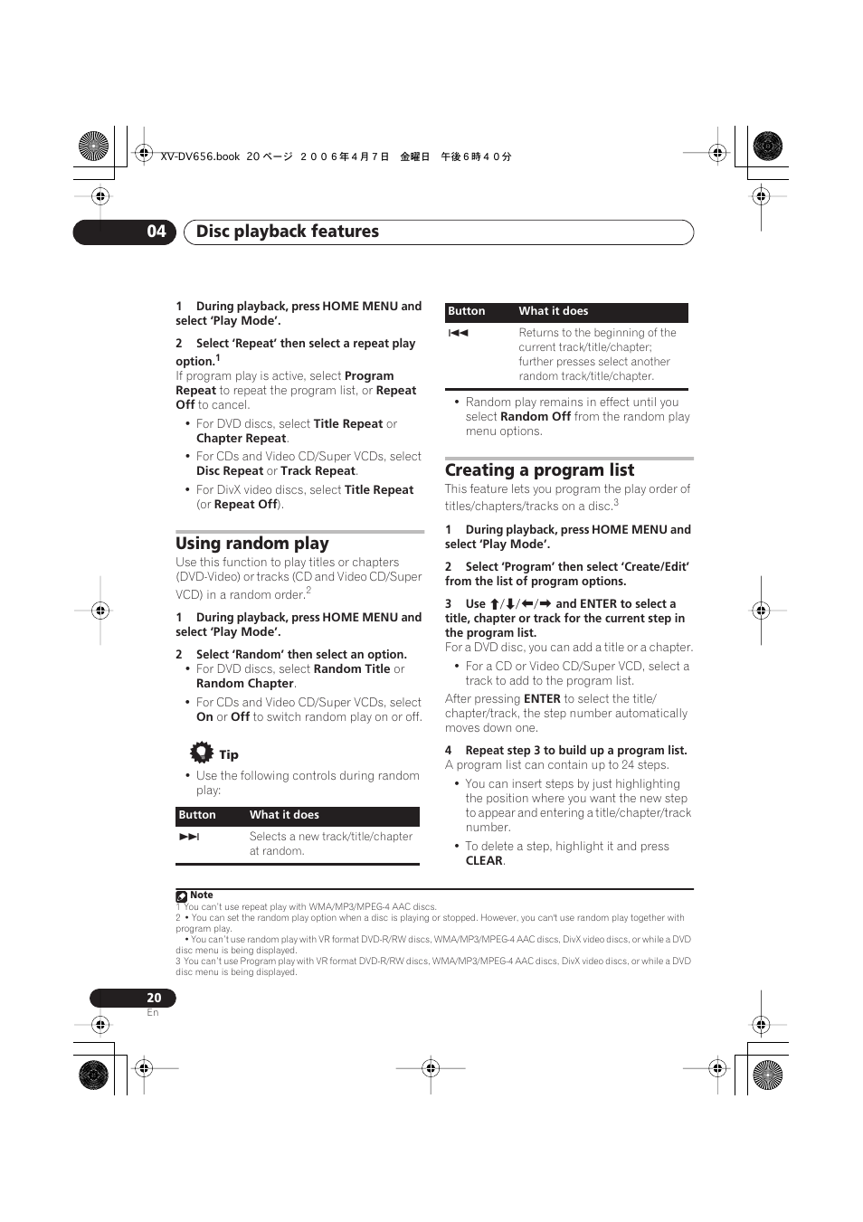 Using random play, Creating a program list, Disc playback features 04 | Pioneer HTZ656DVD User Manual | Page 20 / 98