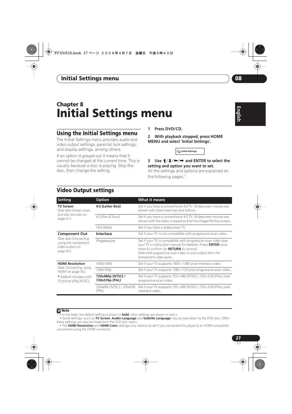 08 initial settings menu, Using the initial settings menu, Video output settings | Initial settings menu, Initial settings menu 08, Chapter 8 | Pioneer HTZ656DVD User Manual | Page 27 / 98