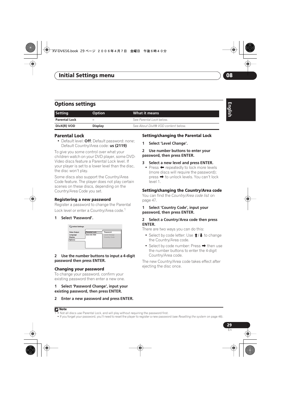 Options settings, Parental lock, Initial settings menu 08 | Pioneer HTZ656DVD User Manual | Page 29 / 98