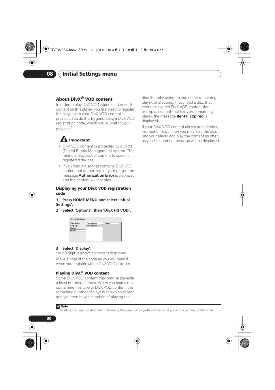 About divx® vod content, Initial settings menu 08, About divx | Vod content | Pioneer HTZ656DVD User Manual | Page 30 / 98