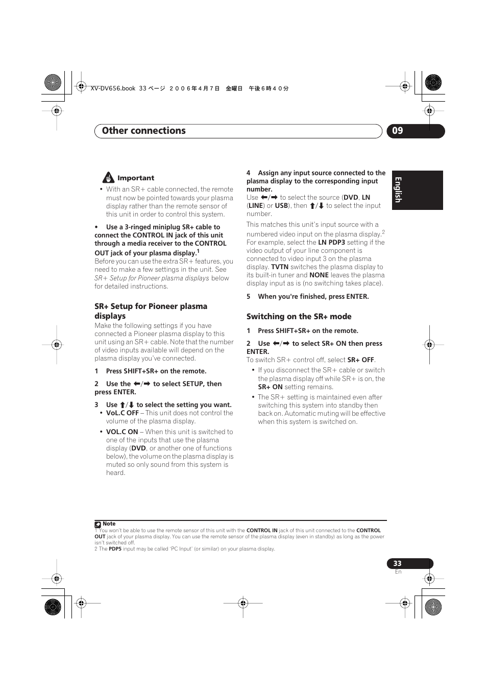 Sr+ setup for pioneer plasma displays, Switching on the sr+ mode, Other connections 09 | Pioneer HTZ656DVD User Manual | Page 33 / 98