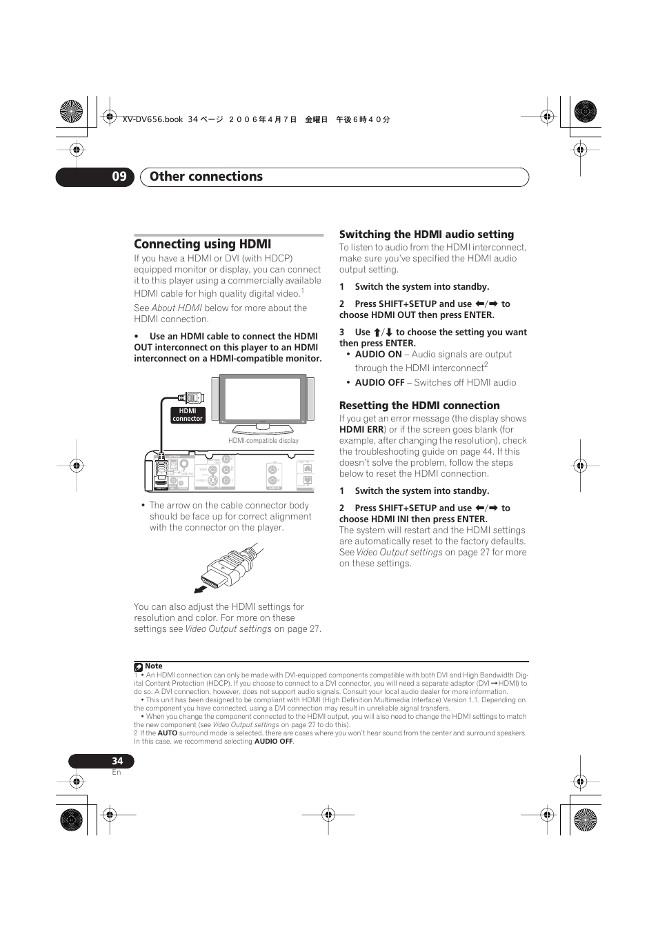 Connecting using hdmi, Switching the hdmi audio setting, Resetting the hdmi connection | Other connections 09 | Pioneer HTZ656DVD User Manual | Page 34 / 98