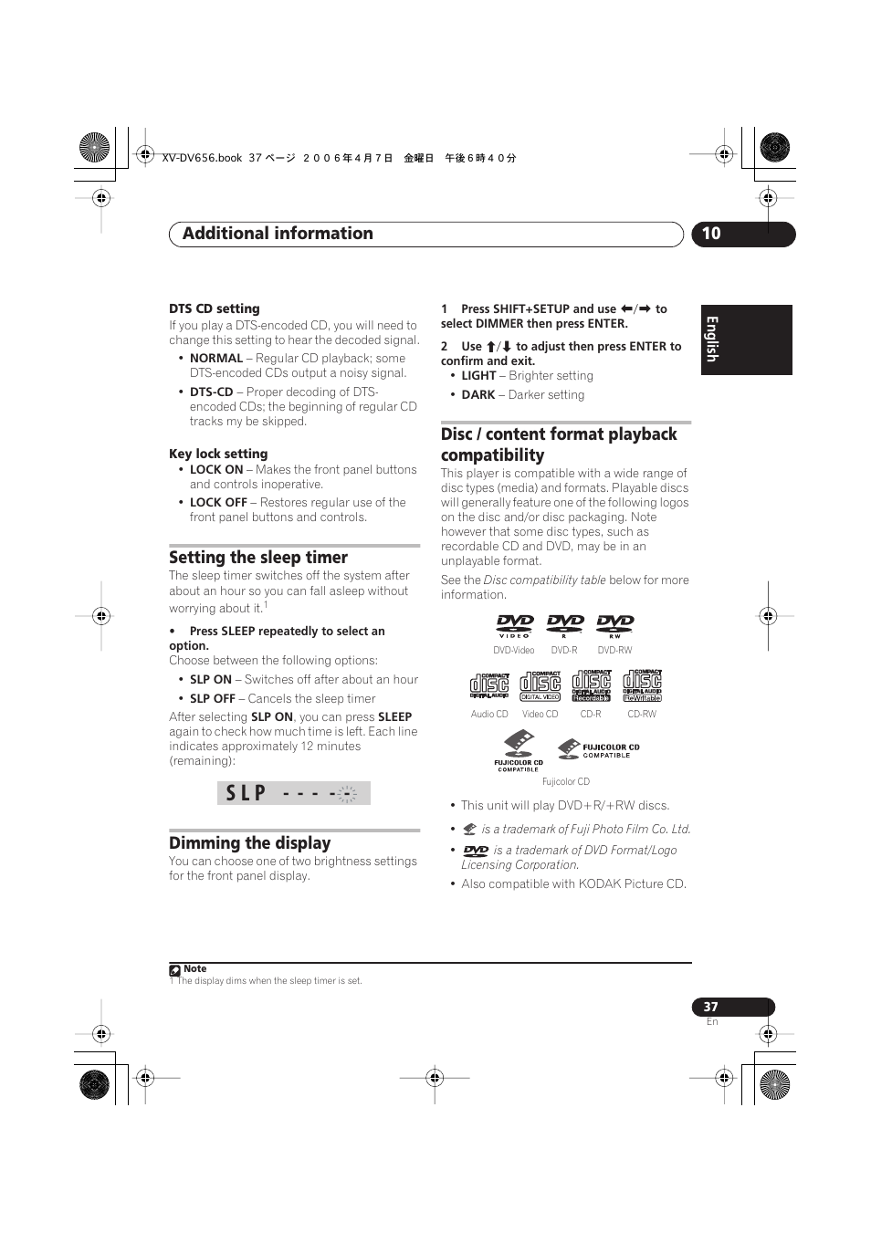 Setting the sleep timer, Dimming the display, Disc / content format playback compatibility | S l p, Additional information 10 | Pioneer HTZ656DVD User Manual | Page 37 / 98