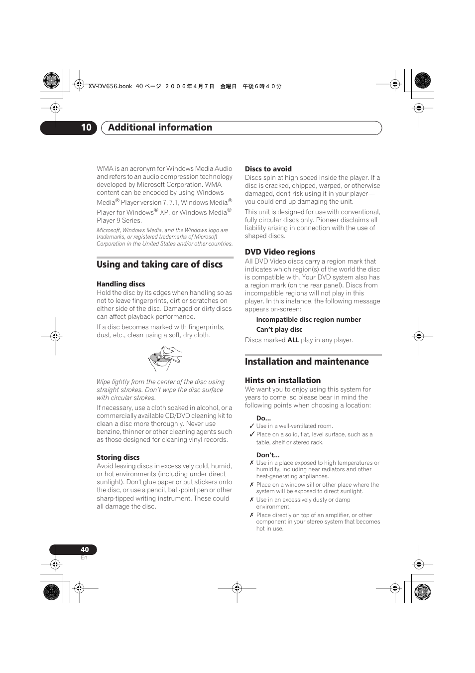 Using and taking care of discs, Dvd video regions, Installation and maintenance | Hints on installation, Additional information 10 | Pioneer HTZ656DVD User Manual | Page 40 / 98