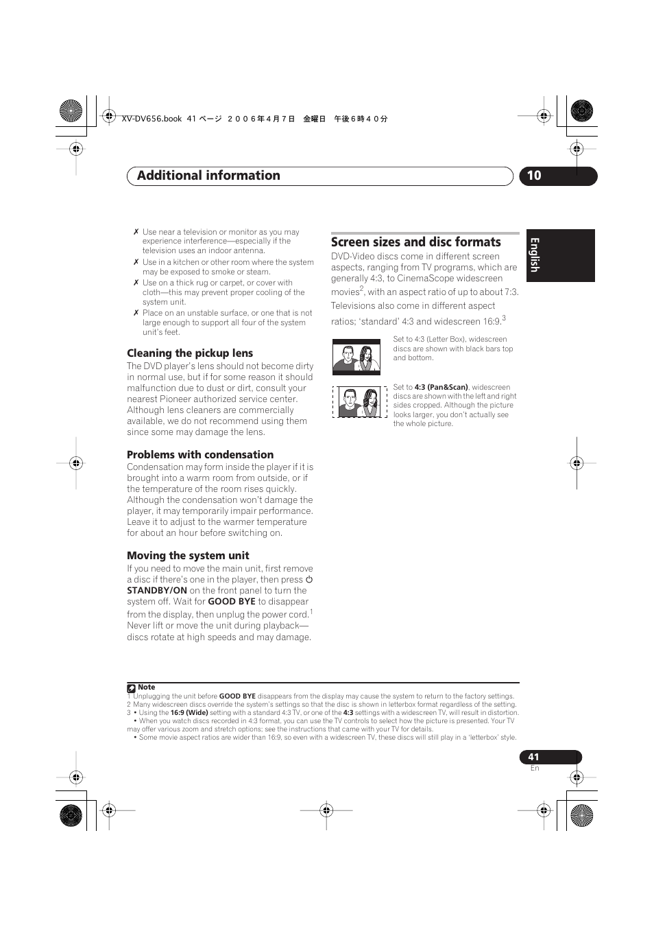 Cleaning the pickup lens, Problems with condensation, Moving the system unit | Screen sizes and disc formats, Additional information 10 | Pioneer HTZ656DVD User Manual | Page 41 / 98