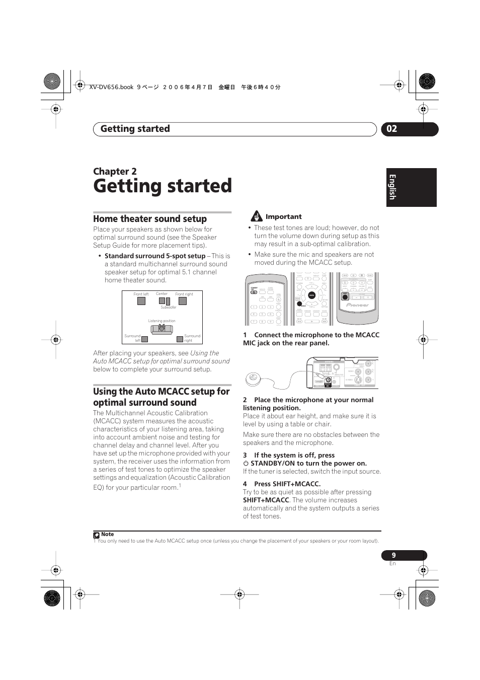 02 getting started, Home theater sound setup, Getting started | Getting started 02, Chapter 2, Standard surround 5-spot setup, Below to complete your surround setup, Important, 3if the system is off, press, Standby/on to turn the power on | Pioneer HTZ656DVD User Manual | Page 9 / 98