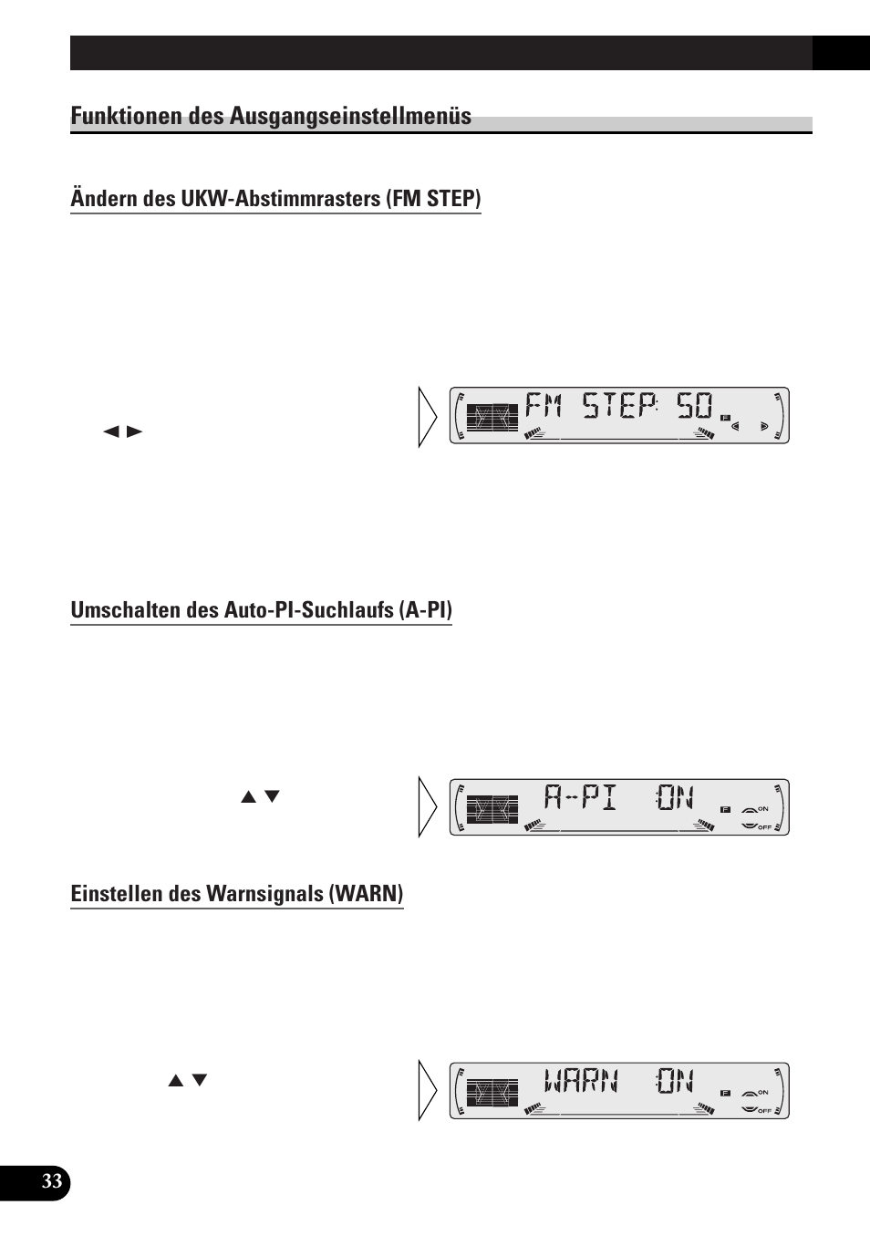 Funktionen des ausgangseinstellmenüs, Ändern des ukw-abstimmrasters (fm step), Umschalten des auto-pi-suchlaufs (a-pi) | Einstellen des warnsignals (warn), Einstellen des dimmers (dimmer), Einstellen des hinteren ausgangs (frt+rear), A title (english) ausgangseinstellungen | Pioneer DEH-3300R EN User Manual | Page 110 / 116