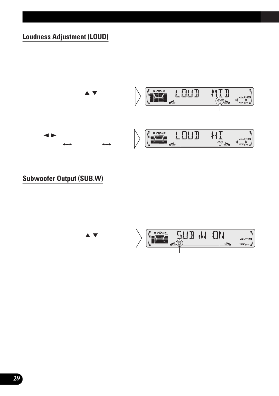 Audio adjustment, Loudness adjustment (loud), Subwoofer output (sub.w) | Pioneer DEH-3300R  EN User Manual | Page 30 / 116