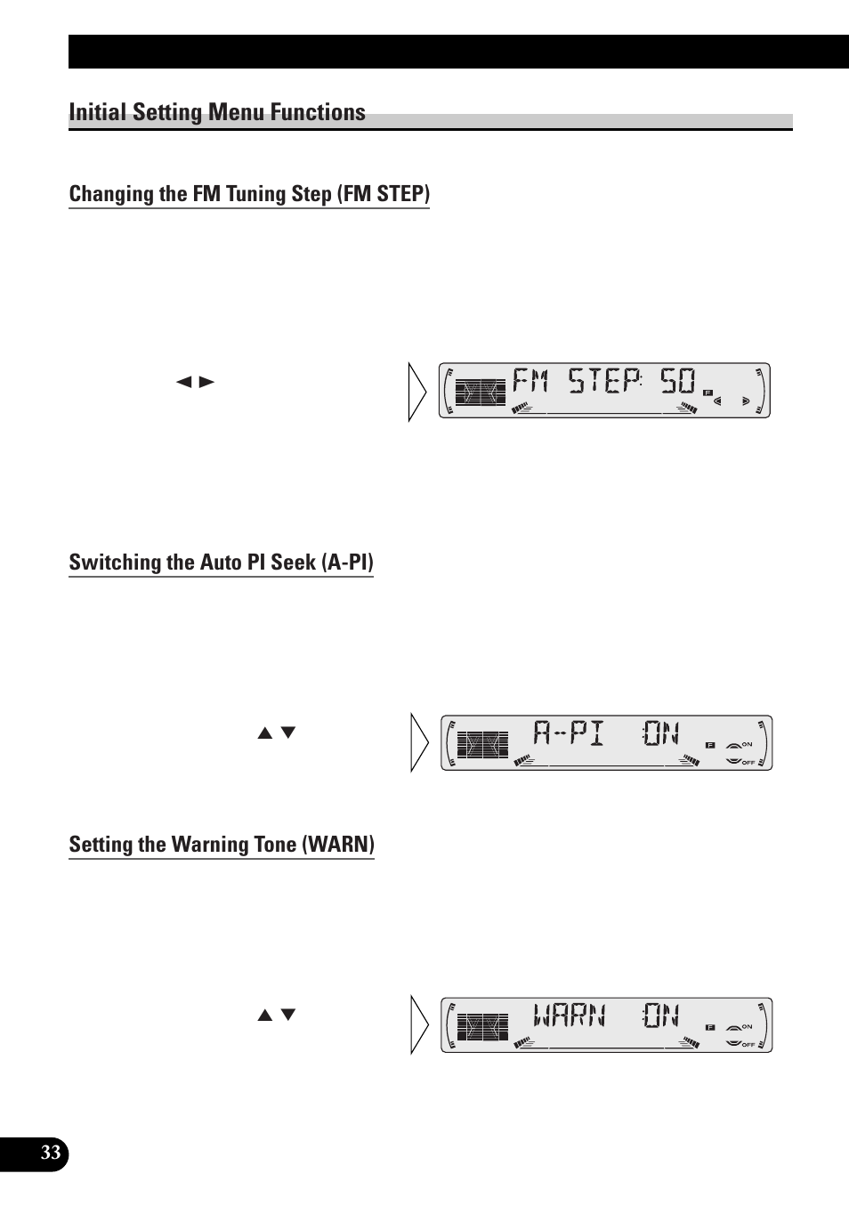 Initial setting menu functions, Changing the fm tuning step (fm step), Switching the auto pi seek (a-pi) | Setting the warning tone (warn), Setting the dimmer (dimmer), Setting the rear output (frt+rear), Initial setting | Pioneer DEH-3300R  EN User Manual | Page 34 / 116
