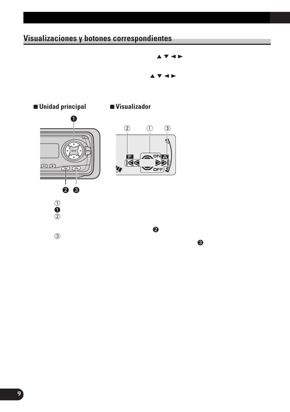 Visualizaciones y botones, Correspondientes, Selección del menú de funciones | Operación básica, Visualizaciones y botones correspondientes | Pioneer DEH-3300R  EN User Manual | Page 48 / 116