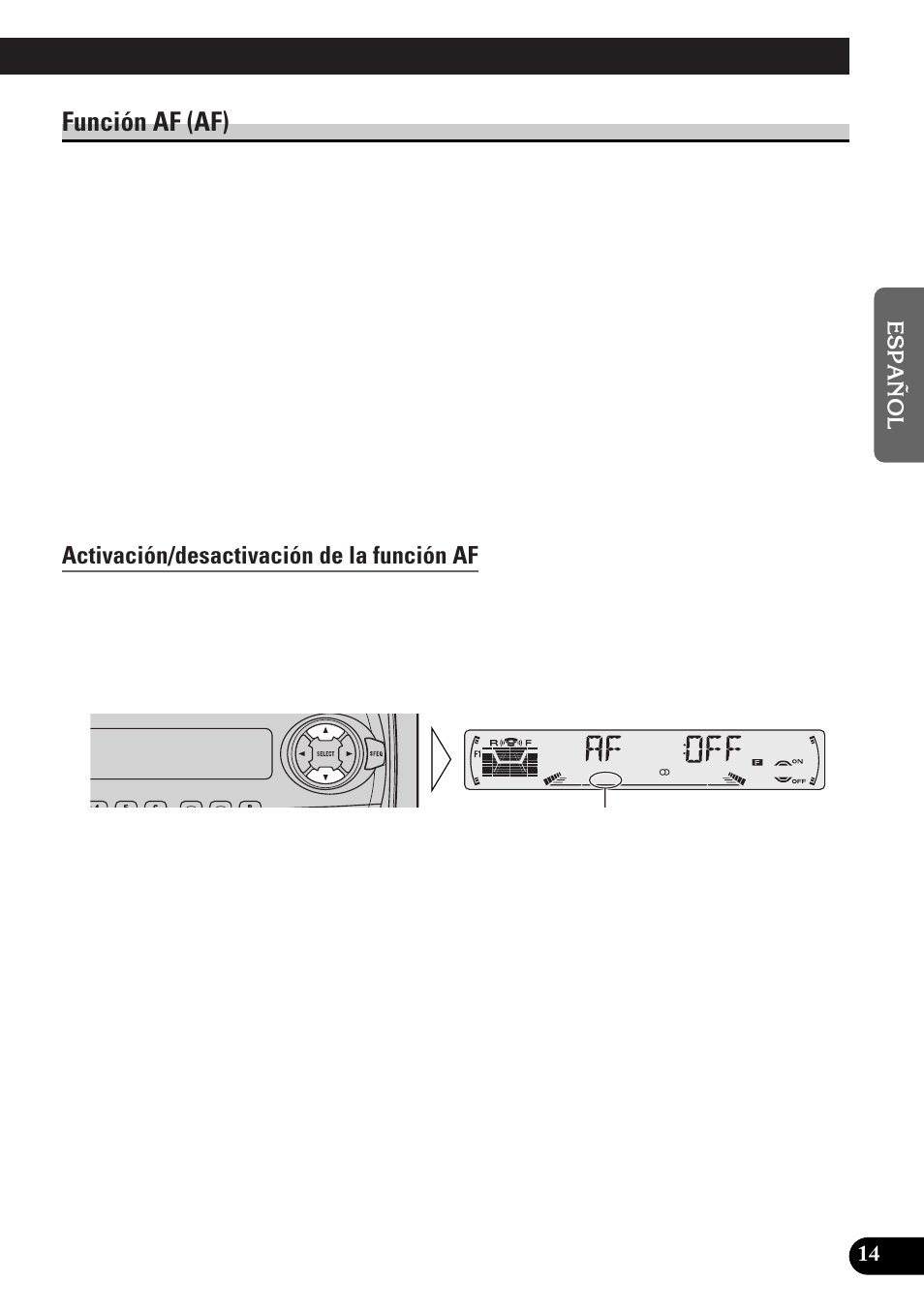 A title (english), Función af (af), Activación/desactivación de la función af | Pioneer DEH-3300R  EN User Manual | Page 53 / 116