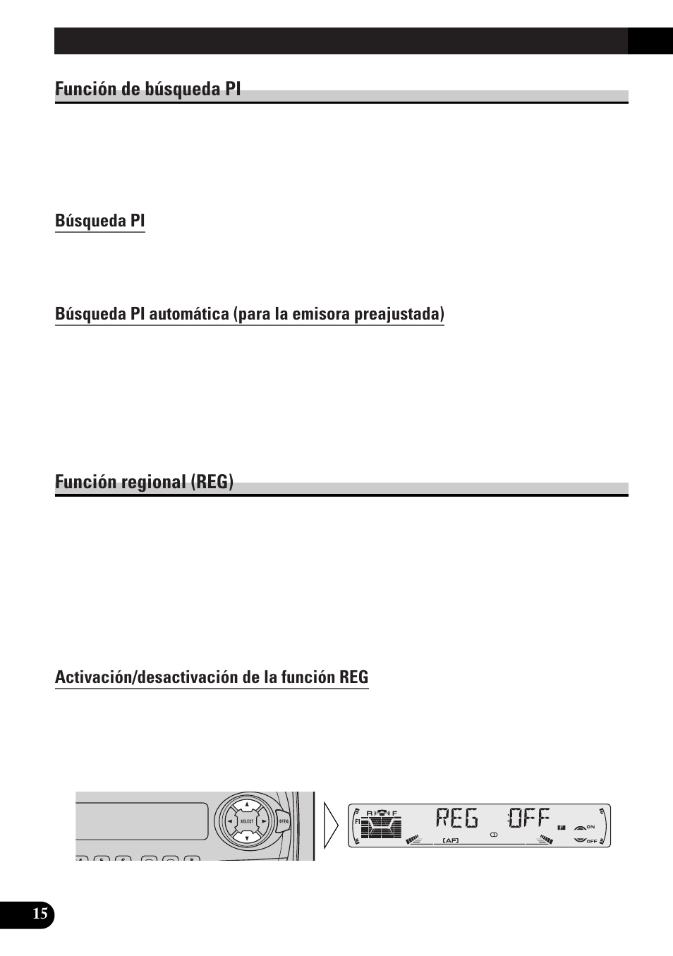 Función de búsqueda pi, Búsqueda pi, Función regional (reg) | Activación/desactivación de la función reg, Función ta (ta), Activación/desactivación de la función ta, Cancelación de anuncios de tráfico, Ajuste del volumen de la función ta, Función de alarma tp, A title (english) | Pioneer DEH-3300R EN User Manual | Page 54 / 116