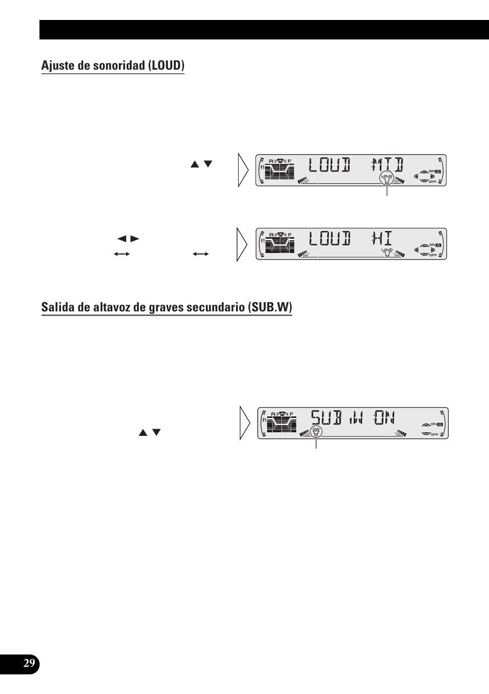 Ajuste de audio, Ajuste de sonoridad (loud), Salida de altavoz de graves secundario (sub.w) | Pioneer DEH-3300R  EN User Manual | Page 68 / 116