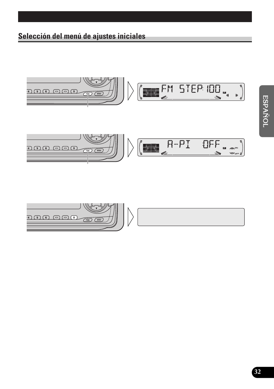 A title (english), Ajustes iniciales, Selección del menú de ajustes iniciales | Pioneer DEH-3300R  EN User Manual | Page 71 / 116