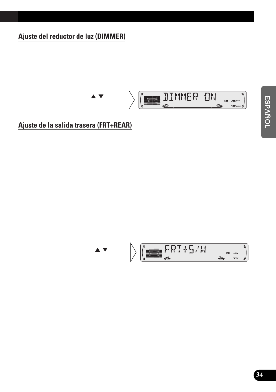 Ajuste del reductor de luz (dimmer), Ajuste de la salida trasera (frt+rear) | Pioneer DEH-3300R  EN User Manual | Page 73 / 116