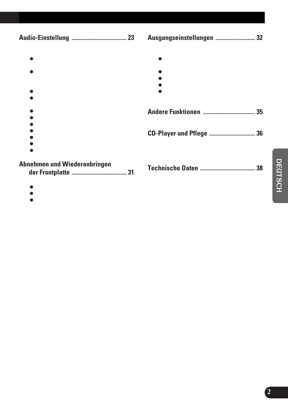 Audio-einstellung, Abnehmen und wiederanbringen der frontplatte, Ausgangseinstellungen | Andere funktionen, Cd-player und pflege | Pioneer DEH-3300R  EN User Manual | Page 79 / 116