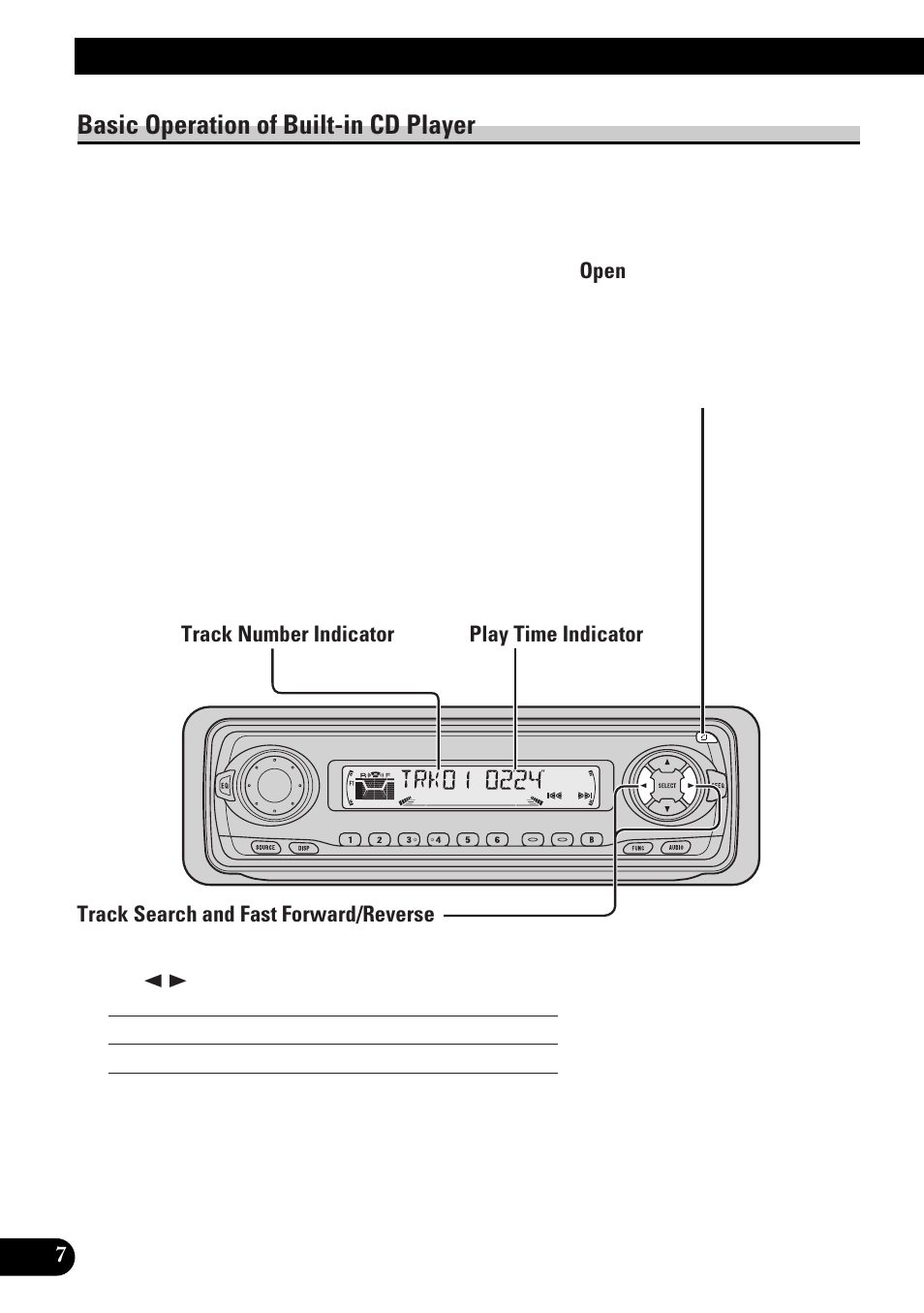 Basic operation of built-in cd player, Open, Track search and fast forward/reverse | Cd loading slot, Eject, Basic operation | Pioneer DEH-3300R  EN User Manual | Page 8 / 116