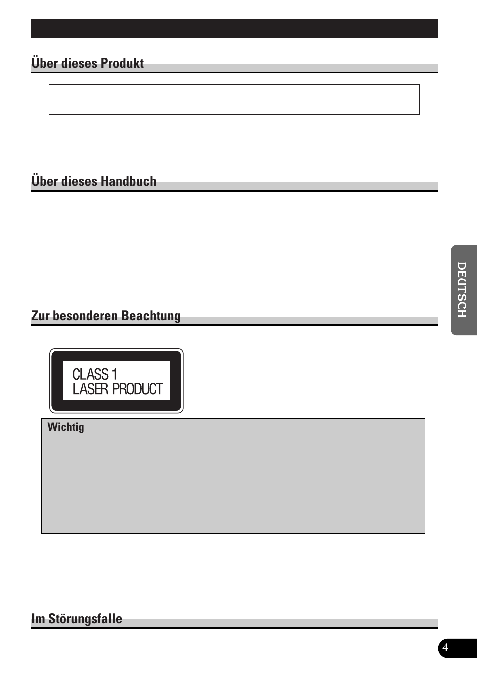 Vor gebrauch dieses produkts, Über dieses produkt, Über dieses handbuch | Zur besonderen beachtung, Im störungsfalle | Pioneer DEH-3300R  EN User Manual | Page 81 / 116