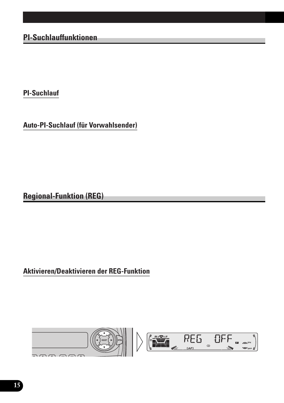 Pi-suchlauffunktionen, Pi-suchlauf, Auto-pi-suchlauf (für vorwahlsender) | Regional-funktion (reg), Aktivieren/deaktivieren der reg- funktion, Ta-funktion (ta), Aktivieren/deaktivieren der ta-funktion, Aufheben von verkehrsdurchsagen, Einstellen der ta-lautstärke, Tp-alarm-funktion | Pioneer DEH-3300R EN User Manual | Page 92 / 116