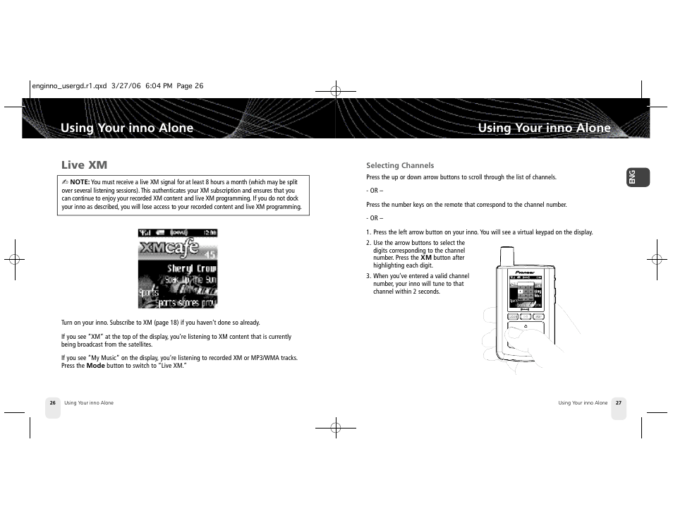 Using your inno alone, Live xm | Pioneer XM2GO User Manual | Page 14 / 47