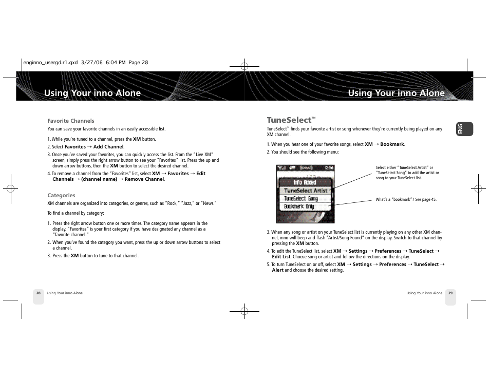 Using your inno alone, Tuneselect | Pioneer XM2GO User Manual | Page 15 / 47