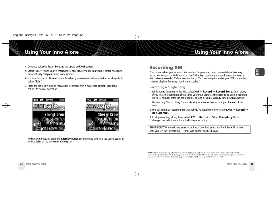 Using your inno alone, Recording xm | Pioneer XM2GO User Manual | Page 17 / 47