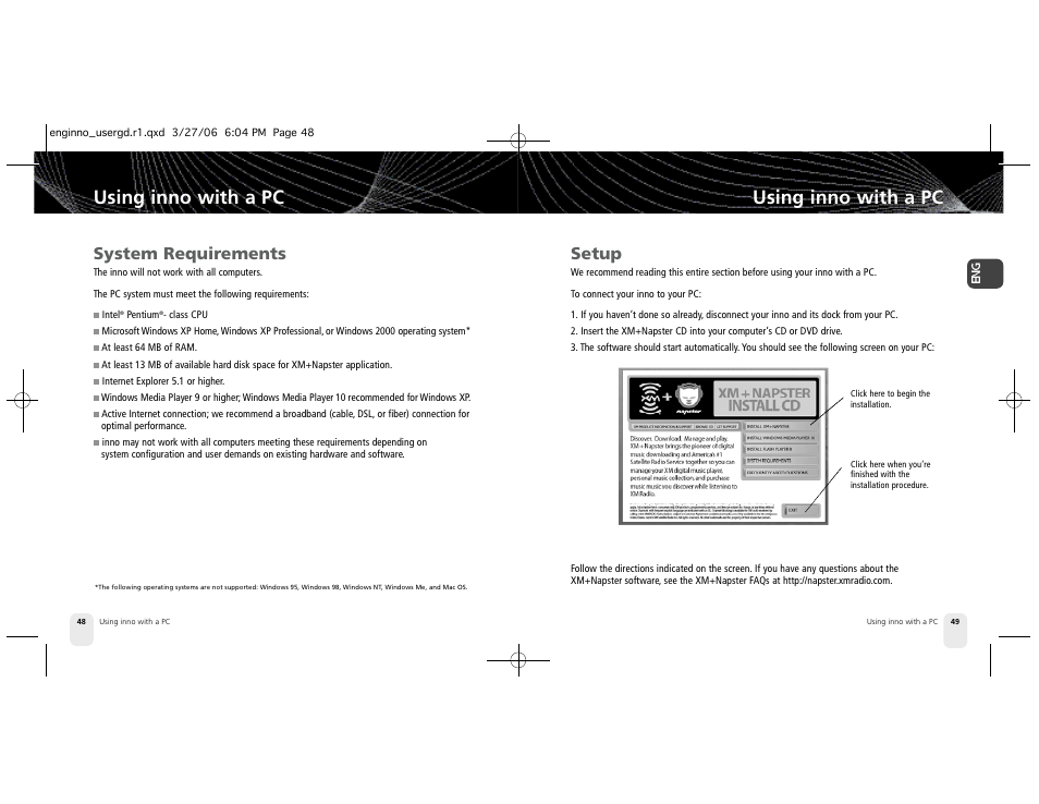 Using inno with a pc, System requirements, Setup | Pioneer XM2GO User Manual | Page 25 / 47