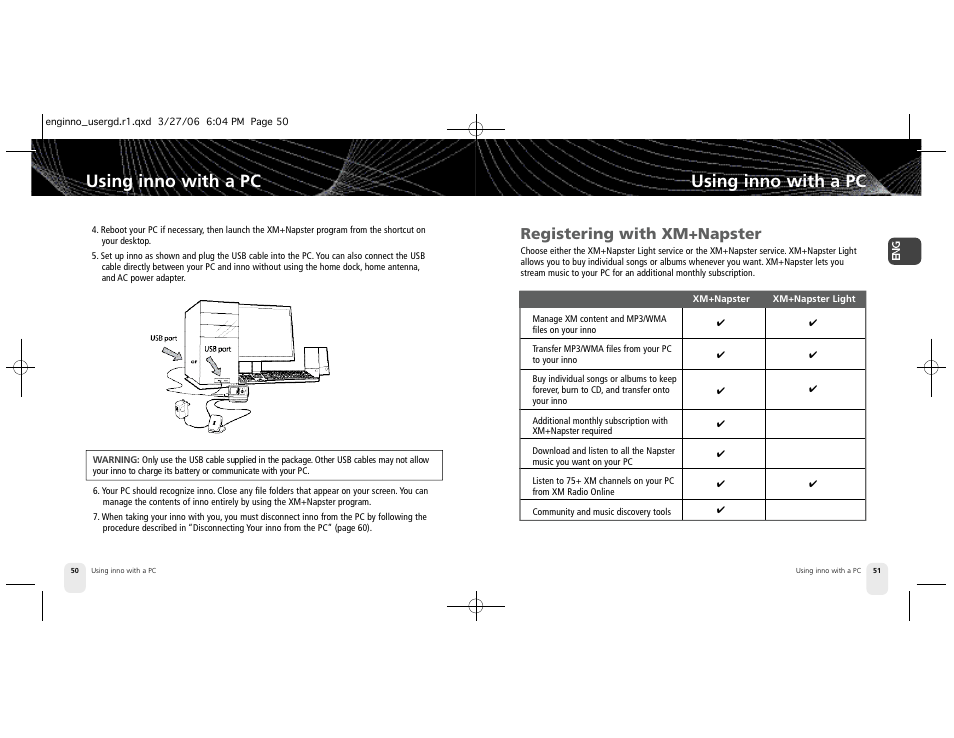 Using inno with a pc, Registering with xm+napster | Pioneer XM2GO User Manual | Page 26 / 47