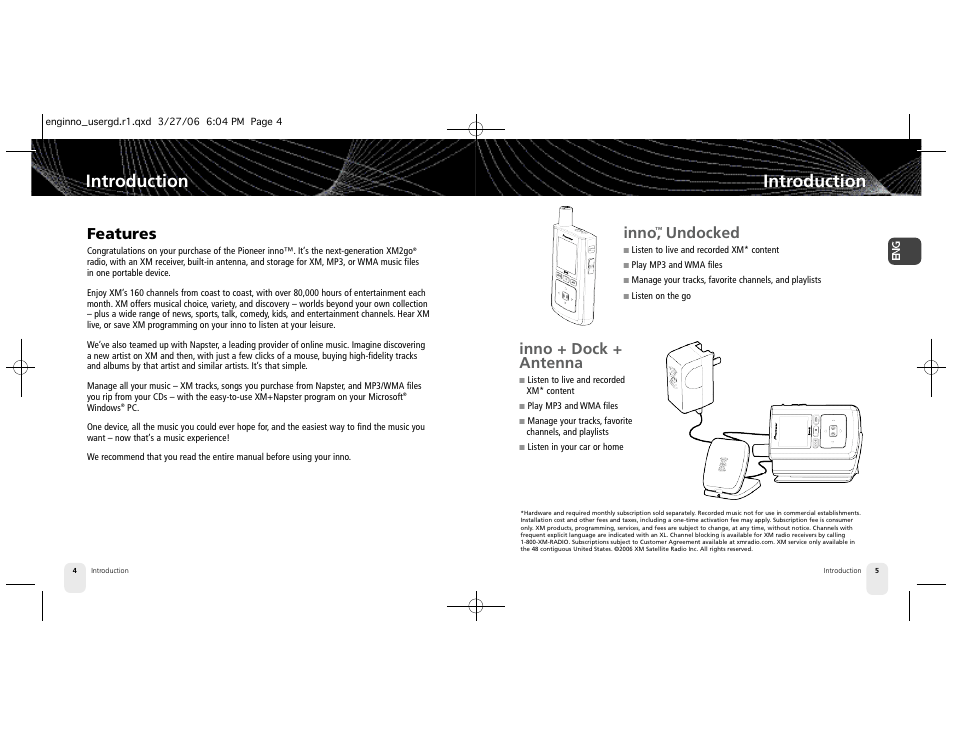 Introduction, Features, Inno | Undocked, Inno + dock + antenna | Pioneer XM2GO User Manual | Page 3 / 47