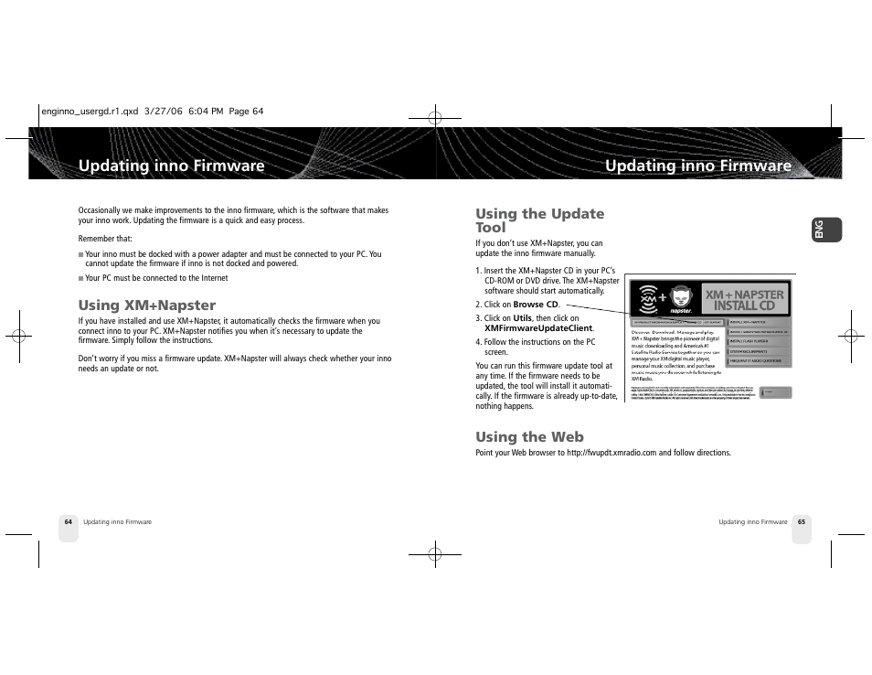 Updating inno firmware, Using xm+napster, Using the update tool | Using the web | Pioneer XM2GO User Manual | Page 33 / 47