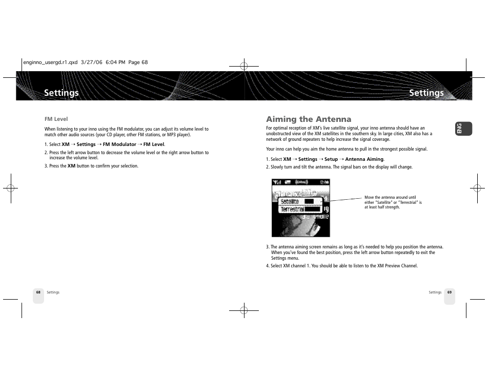 Settings, Aiming the antenna | Pioneer XM2GO User Manual | Page 35 / 47