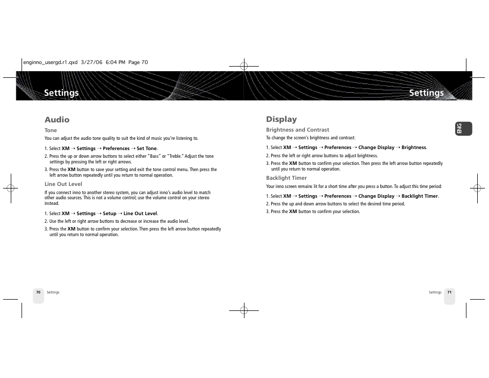 Settings, Audio, Display | Pioneer XM2GO User Manual | Page 36 / 47
