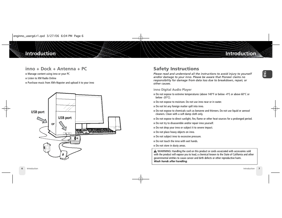 Introduction, Safety instructions, Inno + dock + antenna + pc | Pioneer XM2GO User Manual | Page 4 / 47