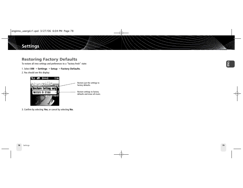 Settings, Restoring factory defaults | Pioneer XM2GO User Manual | Page 40 / 47