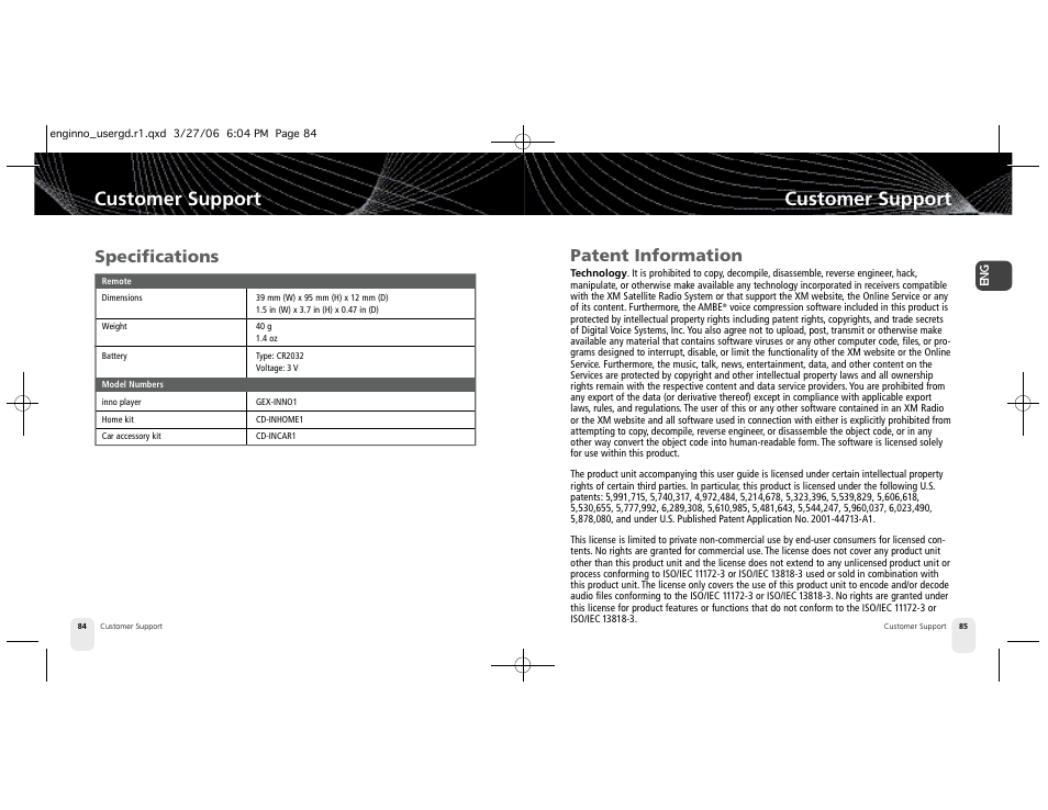 Customer support, Specifications, Patent information | Pioneer XM2GO User Manual | Page 43 / 47