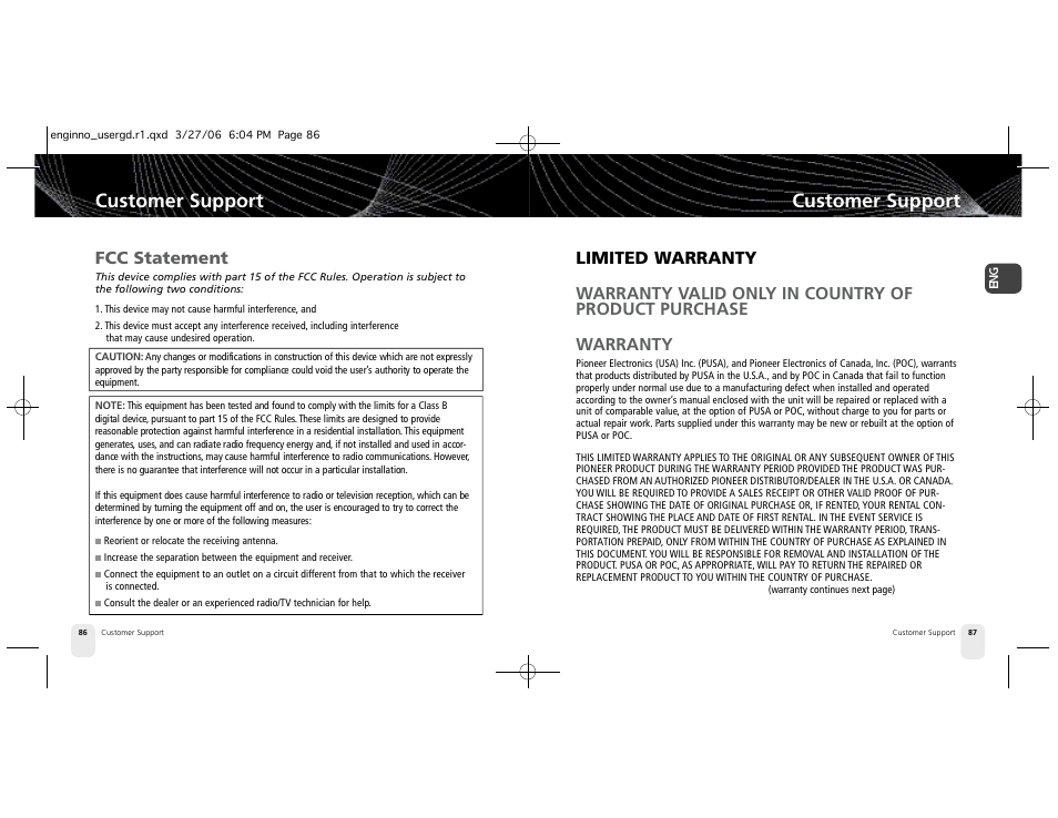 Customer support, Fcc statement | Pioneer XM2GO User Manual | Page 44 / 47