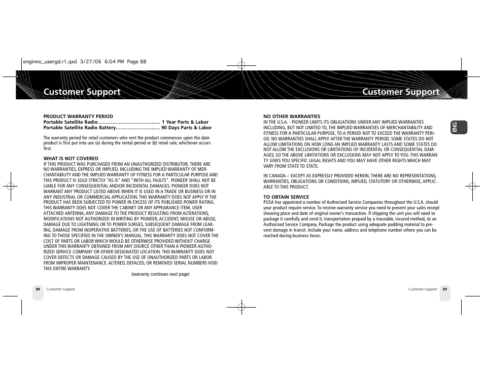Customer support | Pioneer XM2GO User Manual | Page 45 / 47