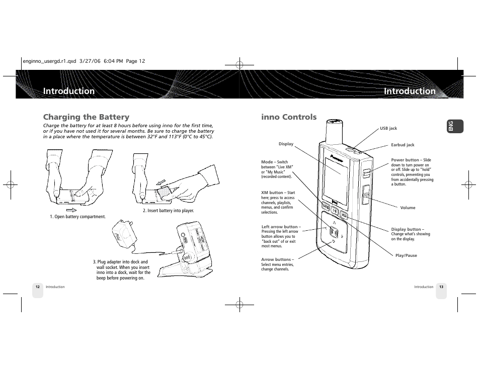 Introduction, Charging the battery, Inno controls | Pioneer XM2GO User Manual | Page 7 / 47