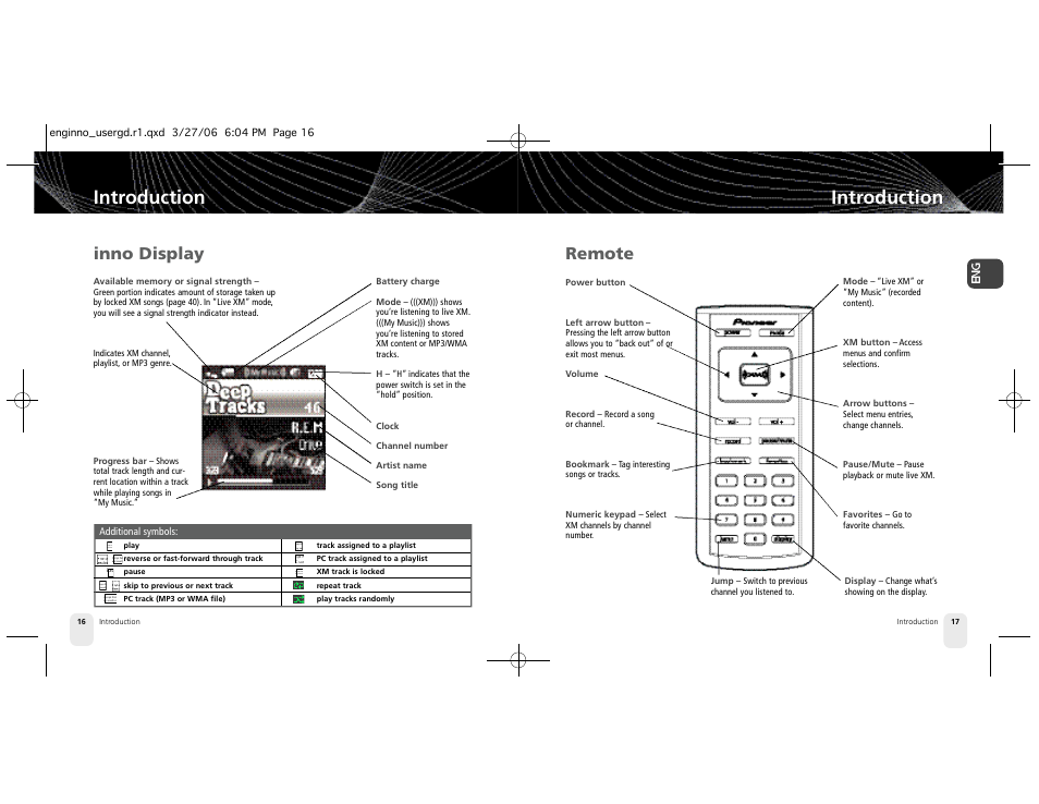 Introduction, Inno display, Remote | Postscript picture play small icon.eps, Postscript picture previous small icon.eps, Postscript picture locked song small icon.eps | Pioneer XM2GO User Manual | Page 9 / 47