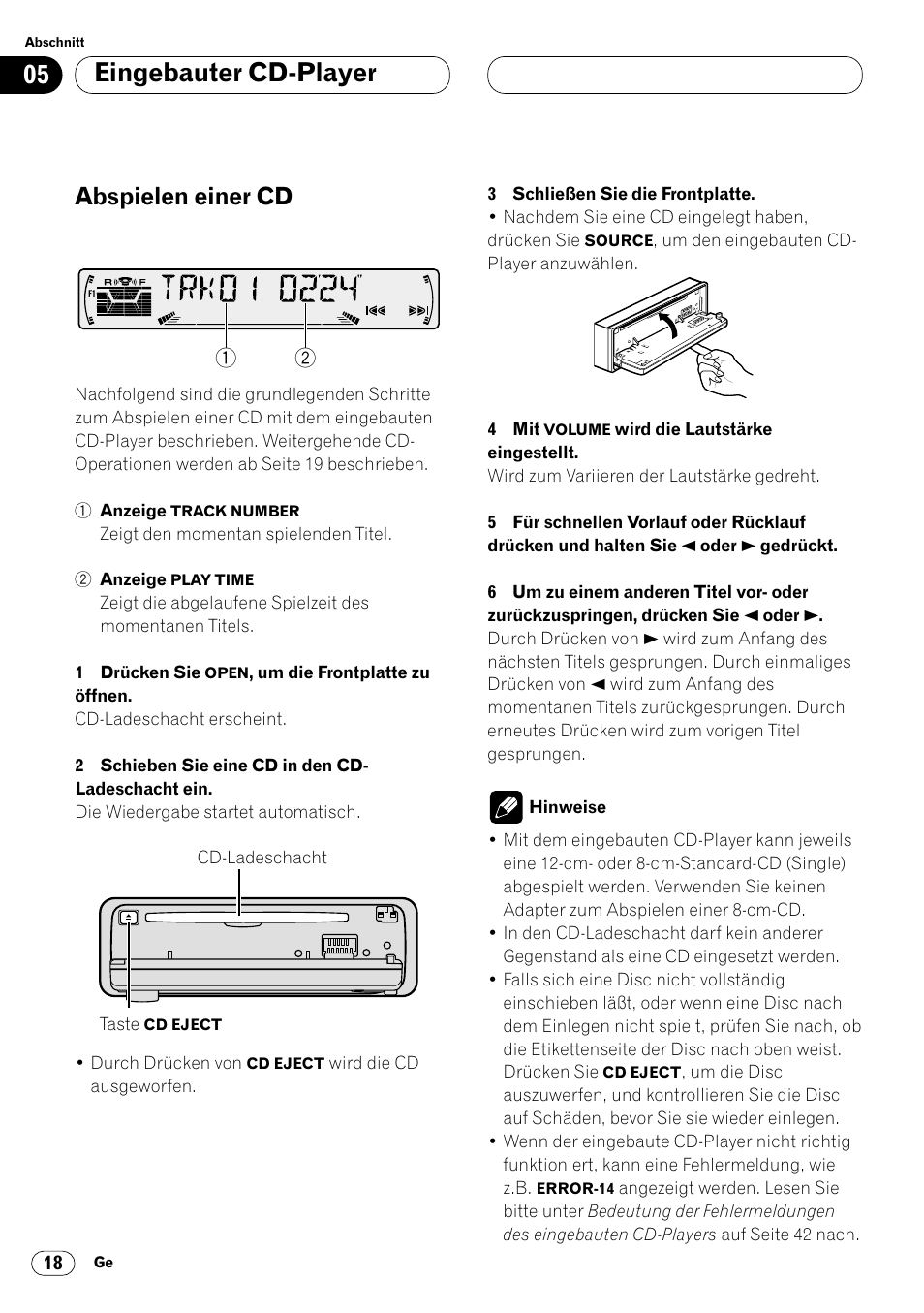 Eingebauter cd-player abspielen einer cd 18, Eingebauter cd-player, Abspielen einer cd | Pioneer DEH-P4400R  EN User Manual | Page 102 / 128