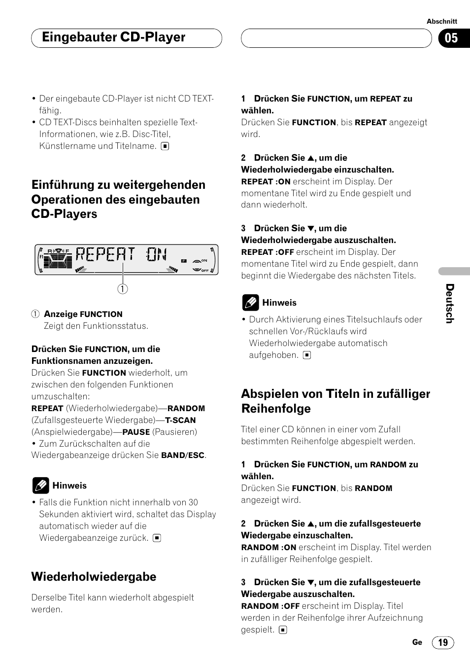 Einführung zu weitergehenden operationen, Des eingebauten cd-players 19, Reihenfolge 19 | Eingebauter cd-player, Wiederholwiedergabe, Abspielen von titeln in zufälliger reihenfolge | Pioneer DEH-P4400R  EN User Manual | Page 103 / 128