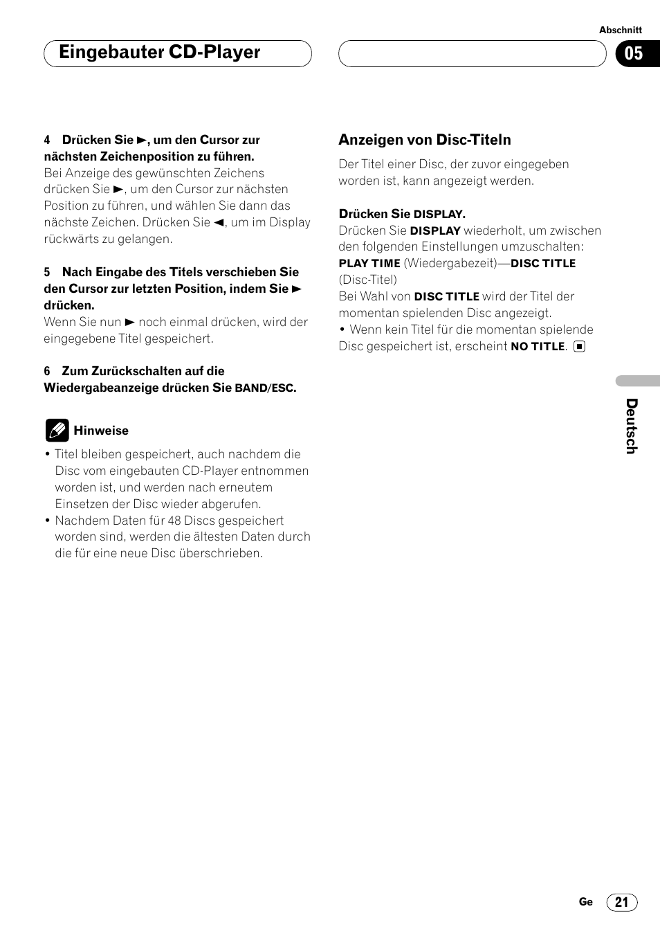 Anzeigen von disc-titeln 21, Eingebauter cd-player | Pioneer DEH-P4400R  EN User Manual | Page 105 / 128